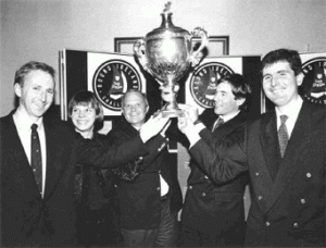 Lakota’s crew and the Cork Dry Gin round Ireland recordTrophy they were presented with in the NYC - Nov 1993. L to R Con Murphy, Cathy Mac Aleavey, Steve Fossett, David Scully and Brian Thompson